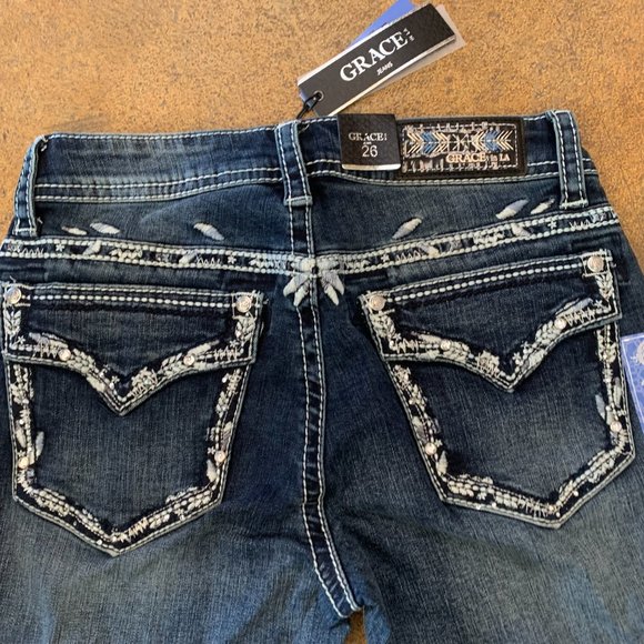 Womens Easy Fit Faux Flap Pocket Bling Bootcut Jeans - Picture 5 of 7